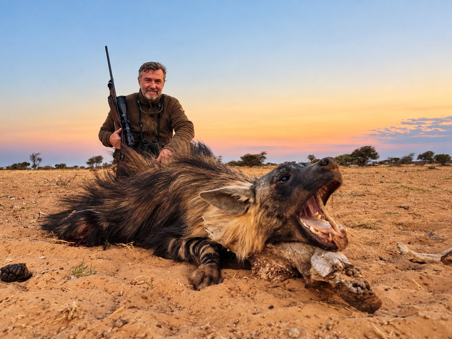 Brown hyena trophy hunt at golden hour