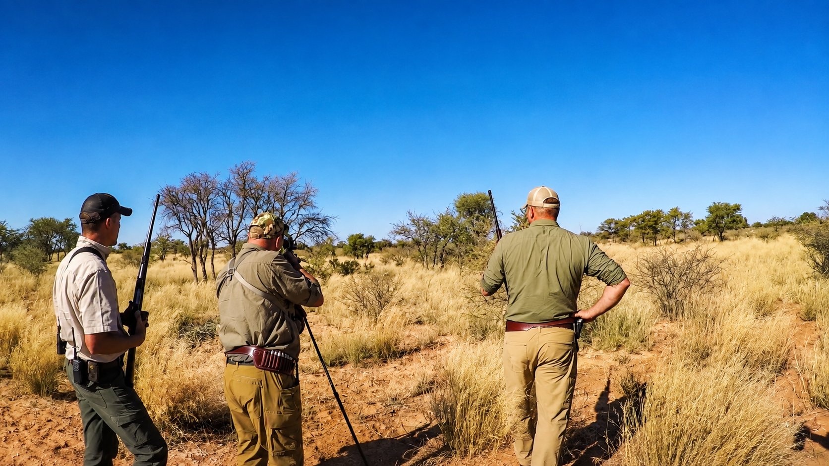 Hunting party aiming from shooting sticks